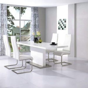 Chaffee Dining Table White High Gloss with White Chaffee Chairs