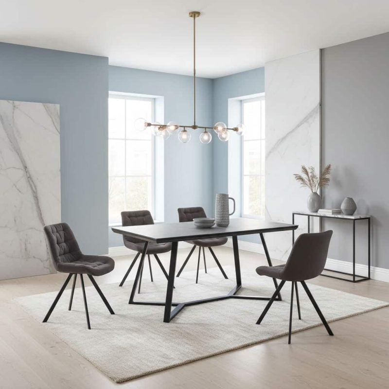 Malta Stone Effect Glass Dining Table with Black Metal Legs
