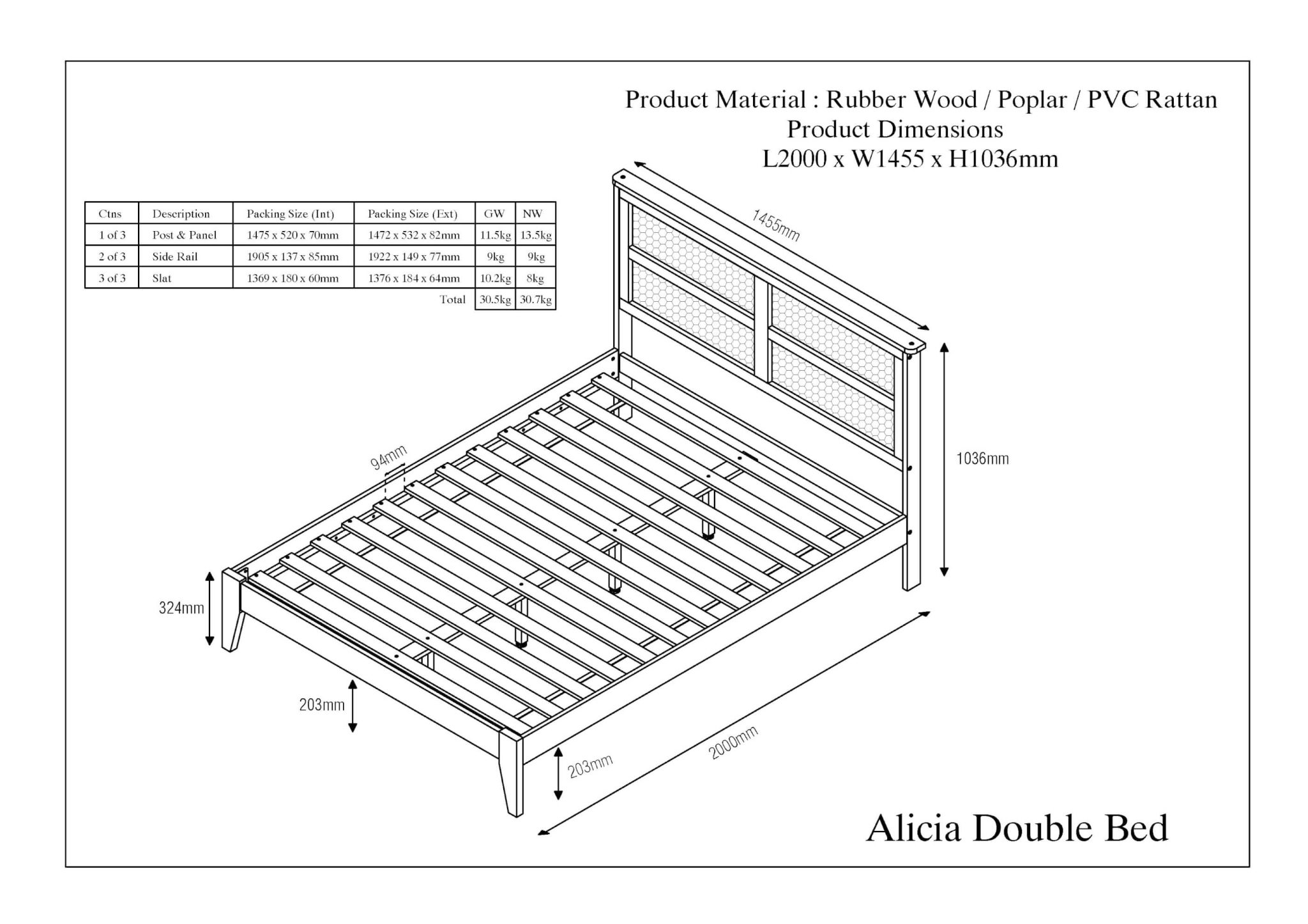 Alicia Wooden Rattan Bed Oak - Image 2